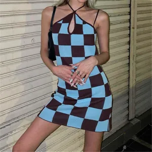 Check Print Halter Sling Dress ER5851