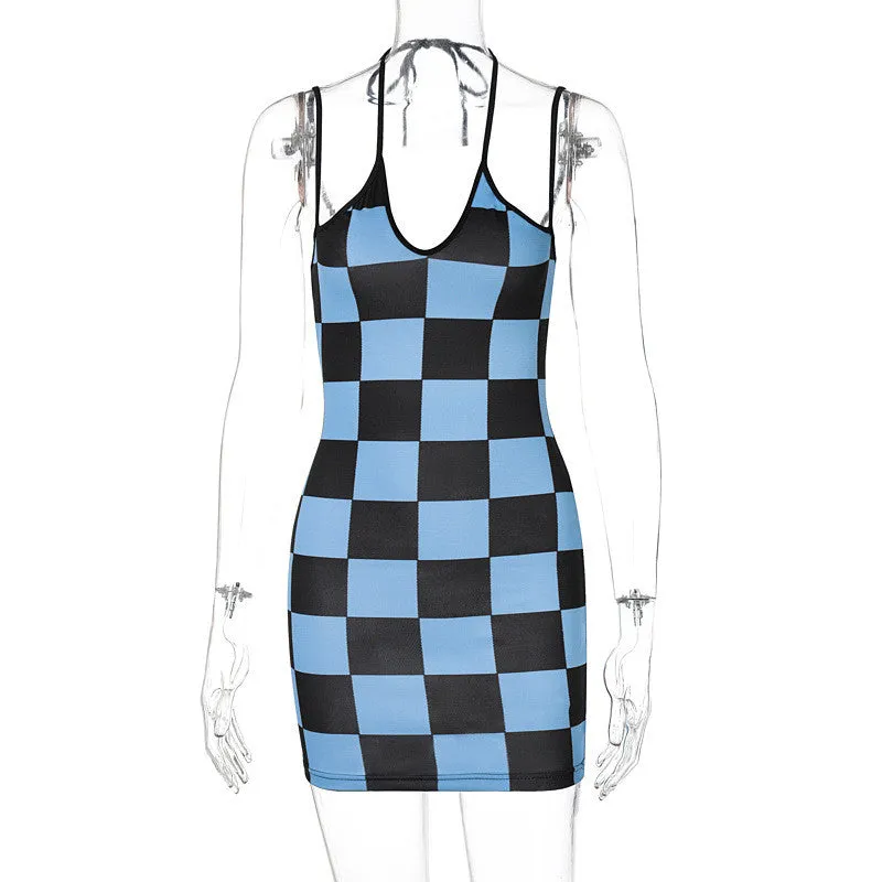 Check Print Halter Sling Dress ER5851