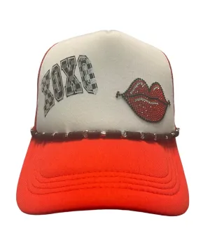CHECKERED XOXO RHINESTONE LIP TRUCKER HAT W/ HAT CHARM