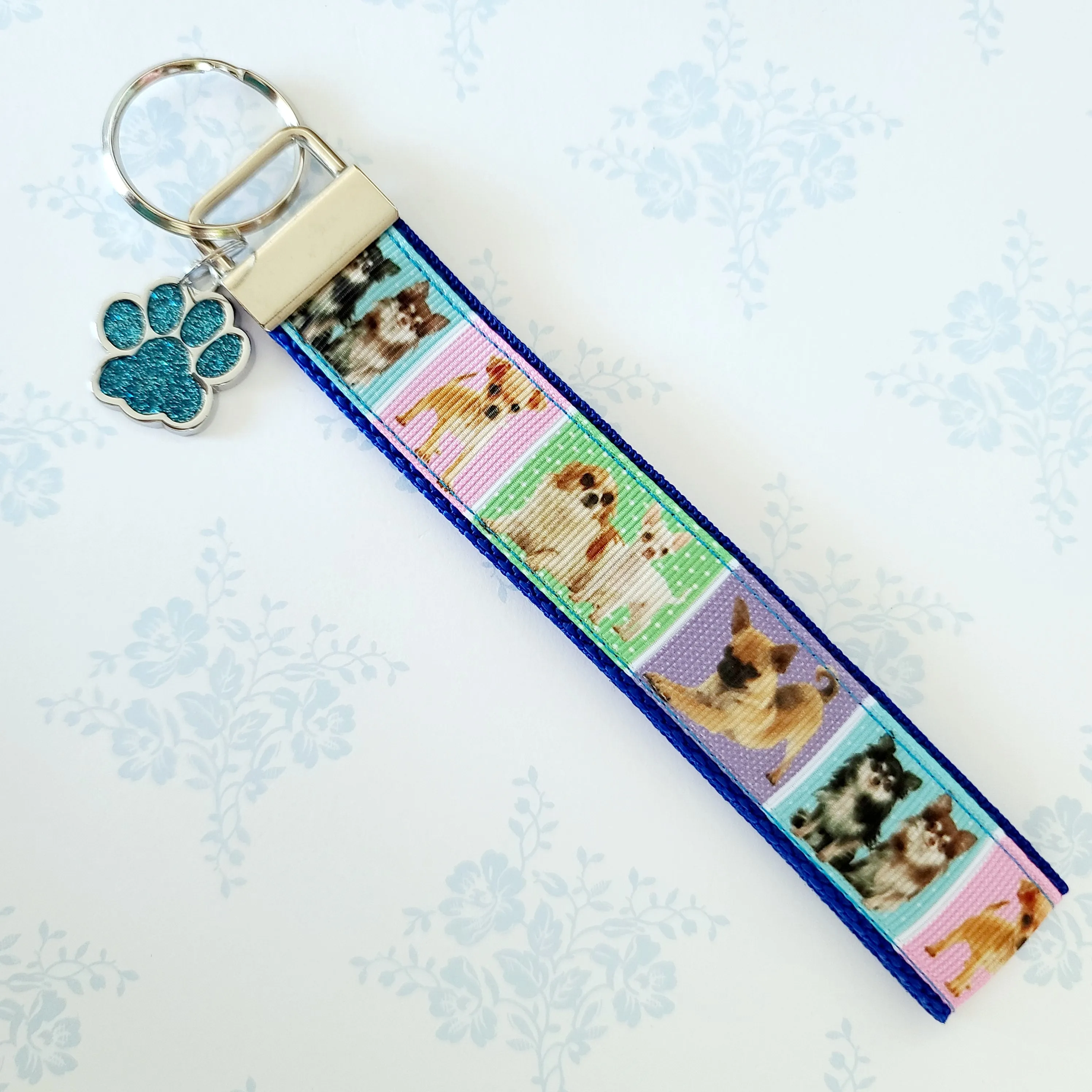 Chihuahua Silver Key Chain Fob with Glitter Paw Print Charm