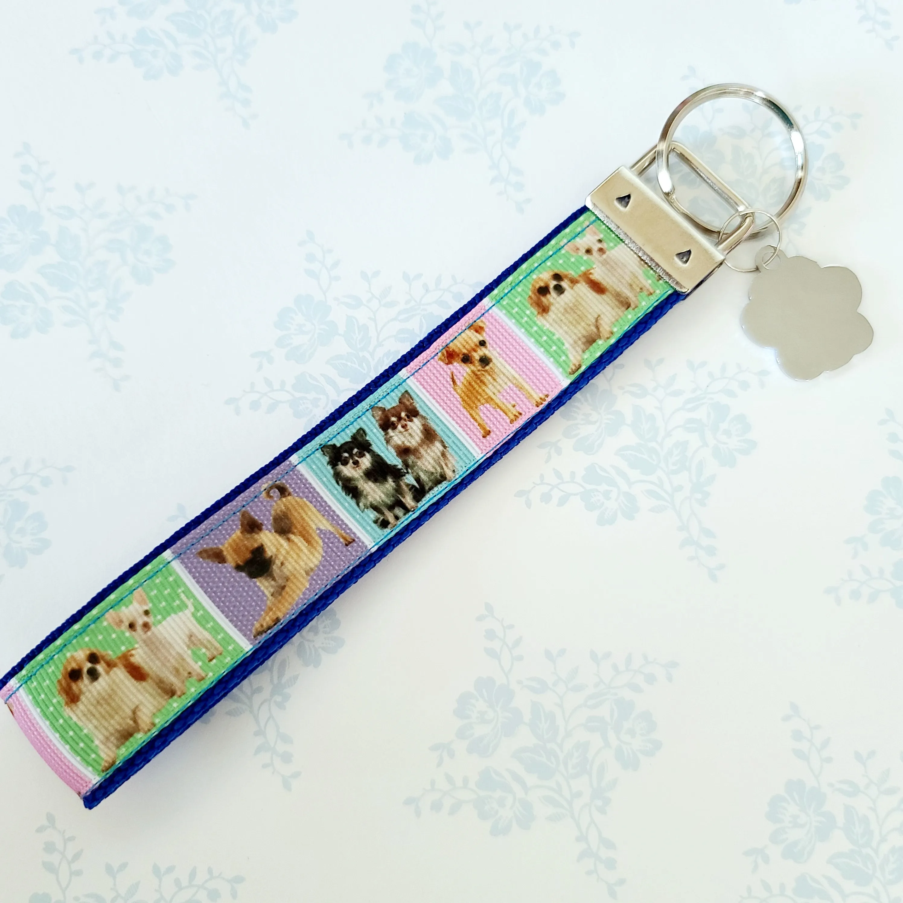 Chihuahua Silver Key Chain Fob with Glitter Paw Print Charm