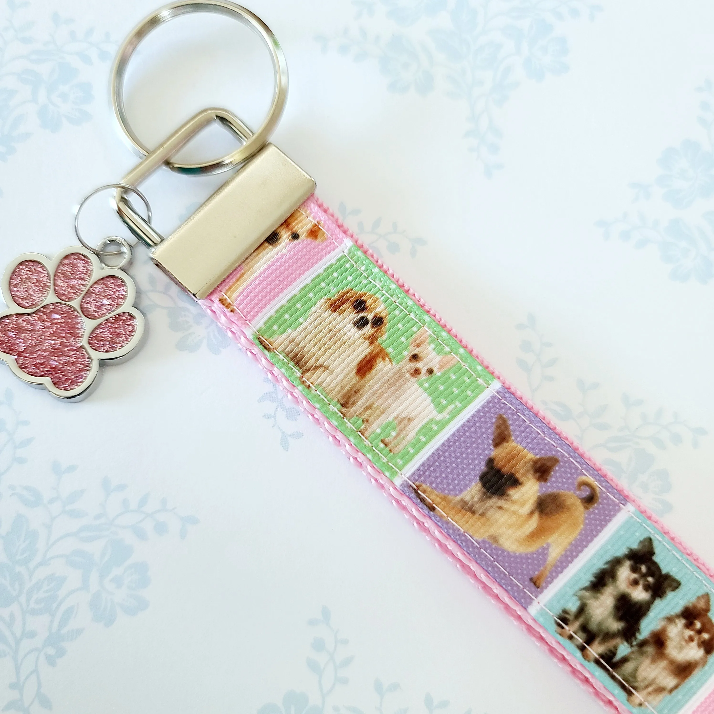 Chihuahua Silver Key Chain Fob with Glitter Paw Print Charm