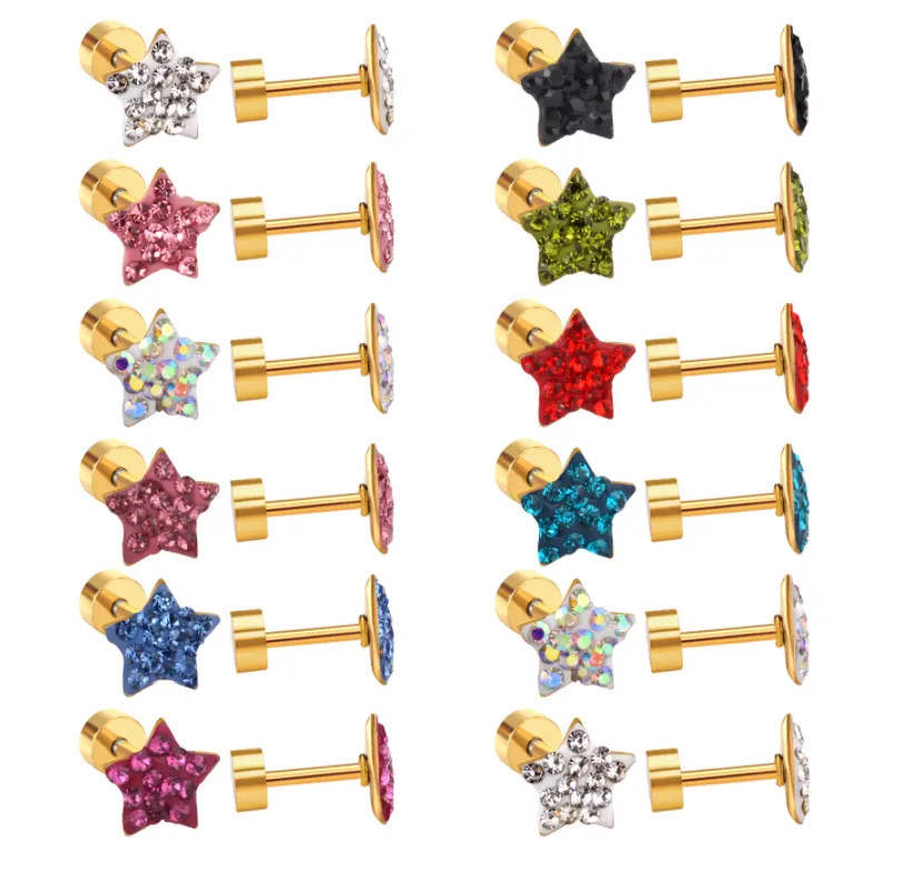 Children's Earrings:  Surgical Steel, Aqua CZ Star Screw Back Earrings