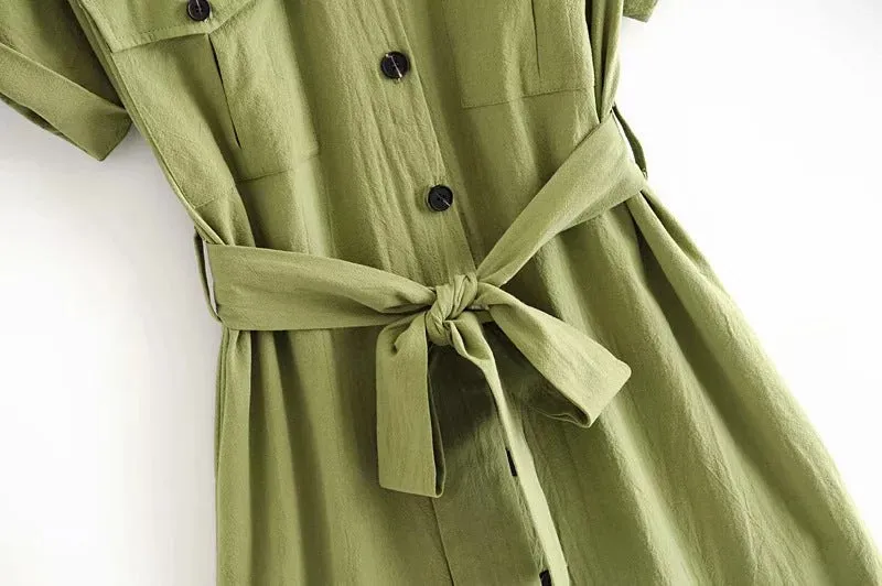 Collar-breasted belt dress fruit green