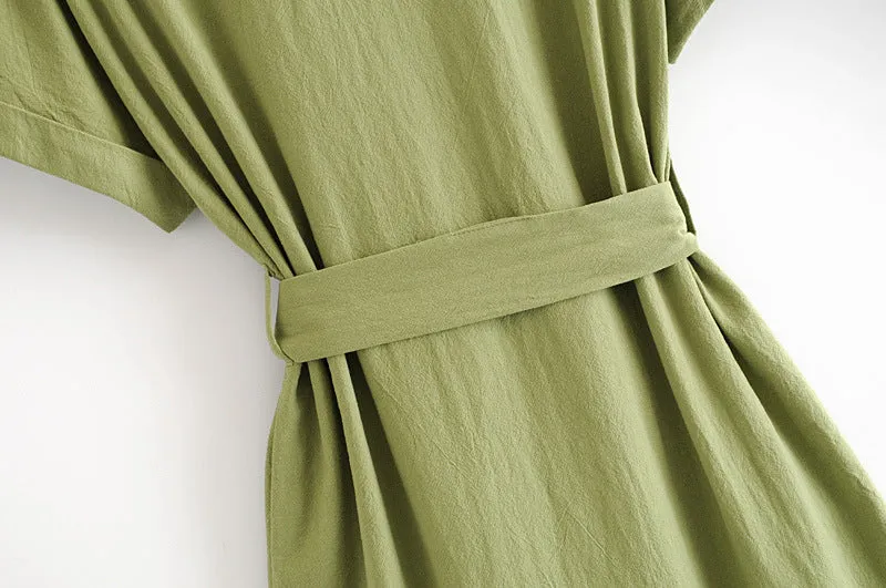 Collar-breasted belt dress fruit green