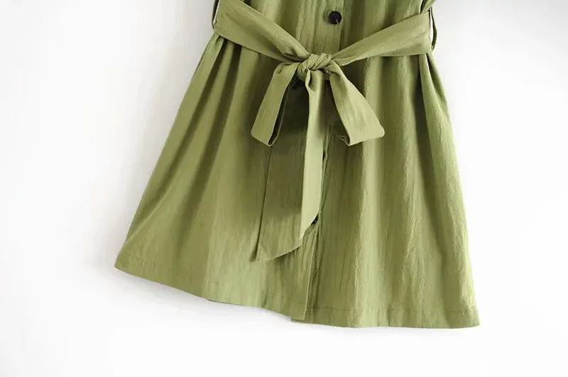 Collar-breasted belt dress fruit green