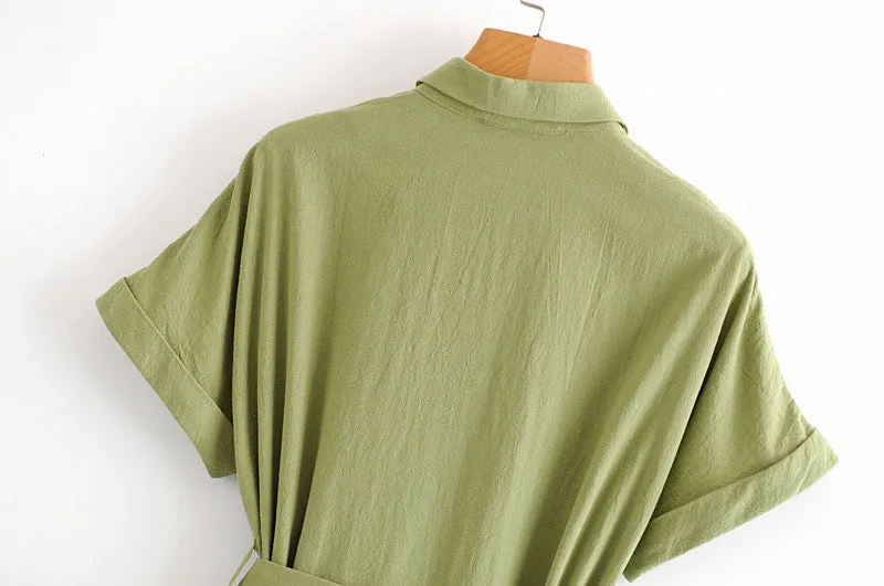 Collar-breasted belt dress fruit green