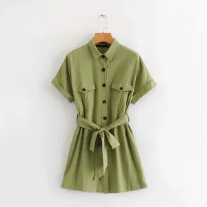 Collar-breasted belt dress fruit green
