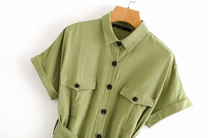 Collar-breasted belt dress fruit green
