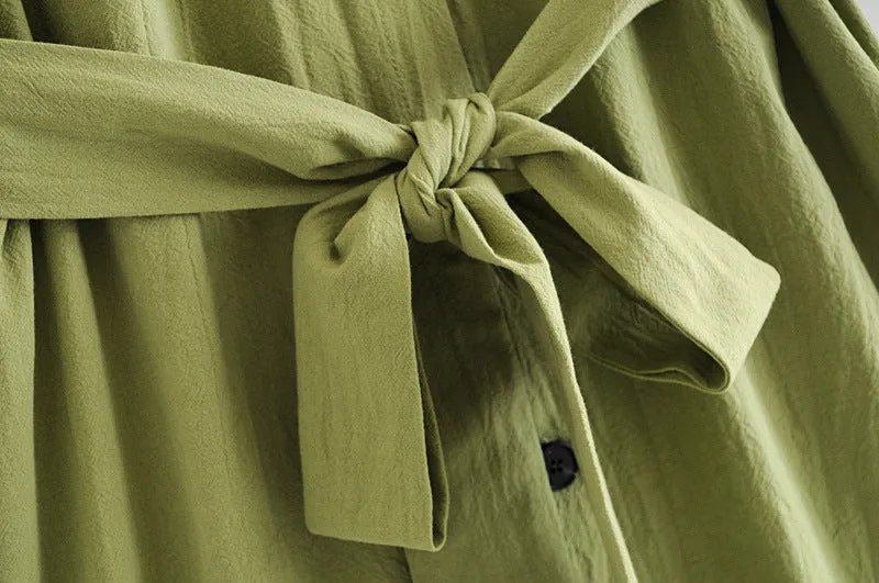 Collar-breasted belt dress fruit green