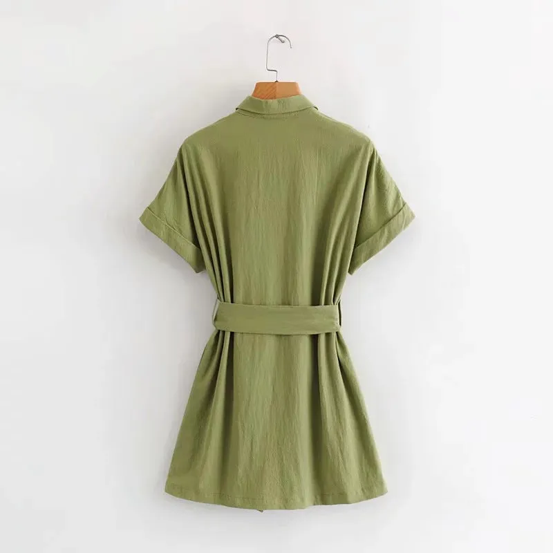 Collar-breasted belt dress fruit green