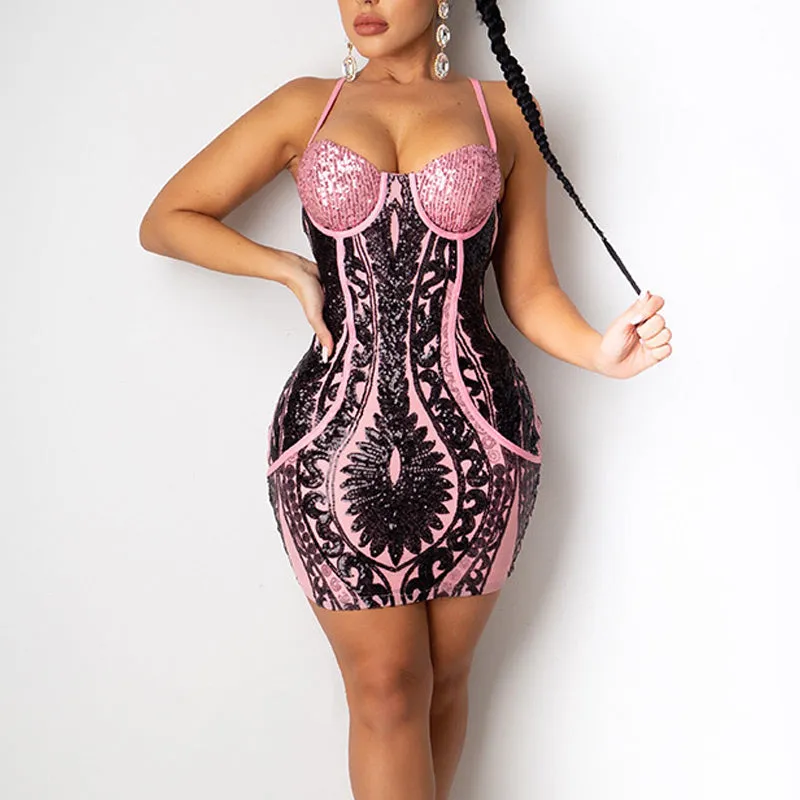 Colorblock Sequins Sling Bodycon Dress