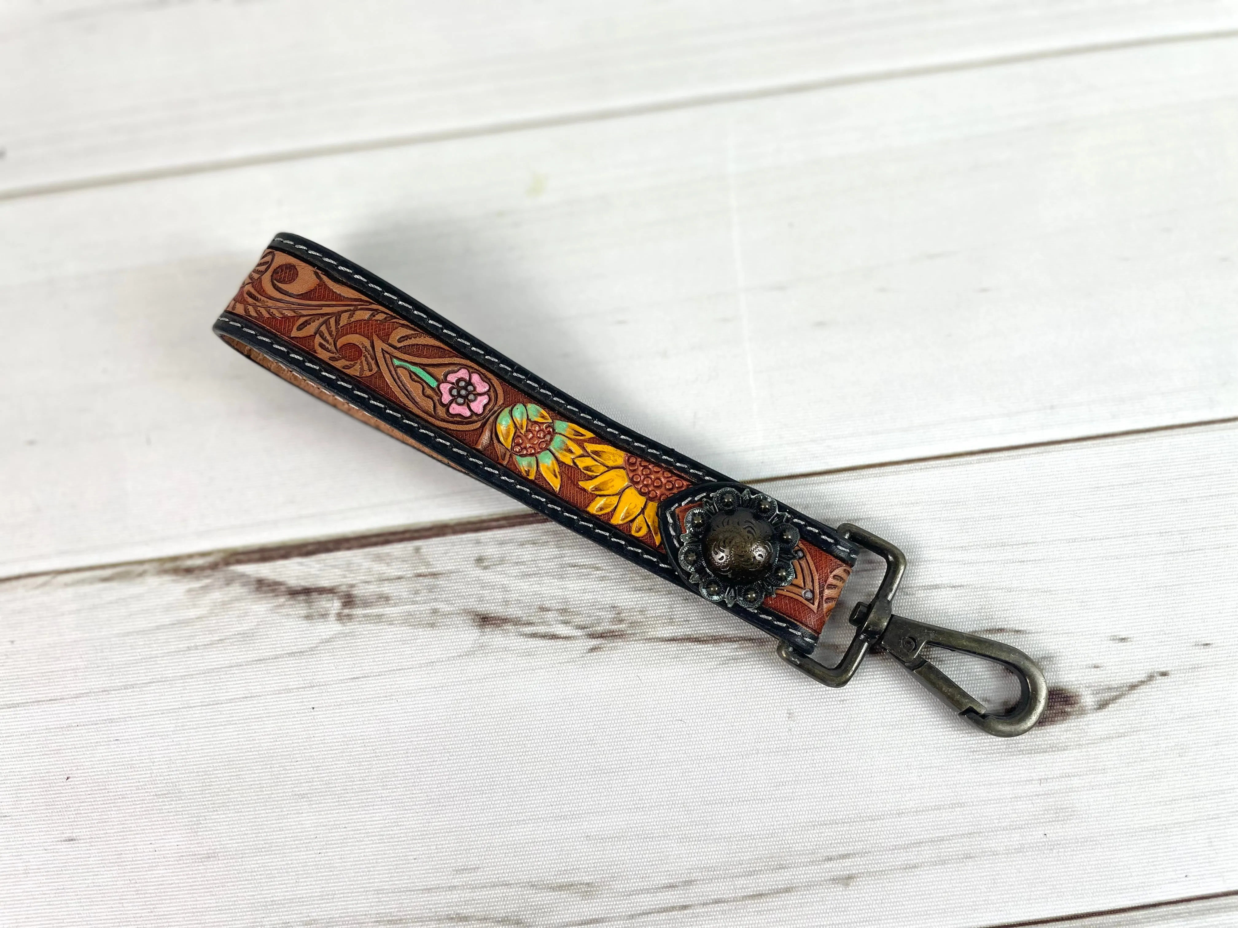 Colorful Floral Tooled Wristlet Leather Wristlet Keychain