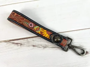 Colorful Floral Tooled Wristlet Leather Wristlet Keychain