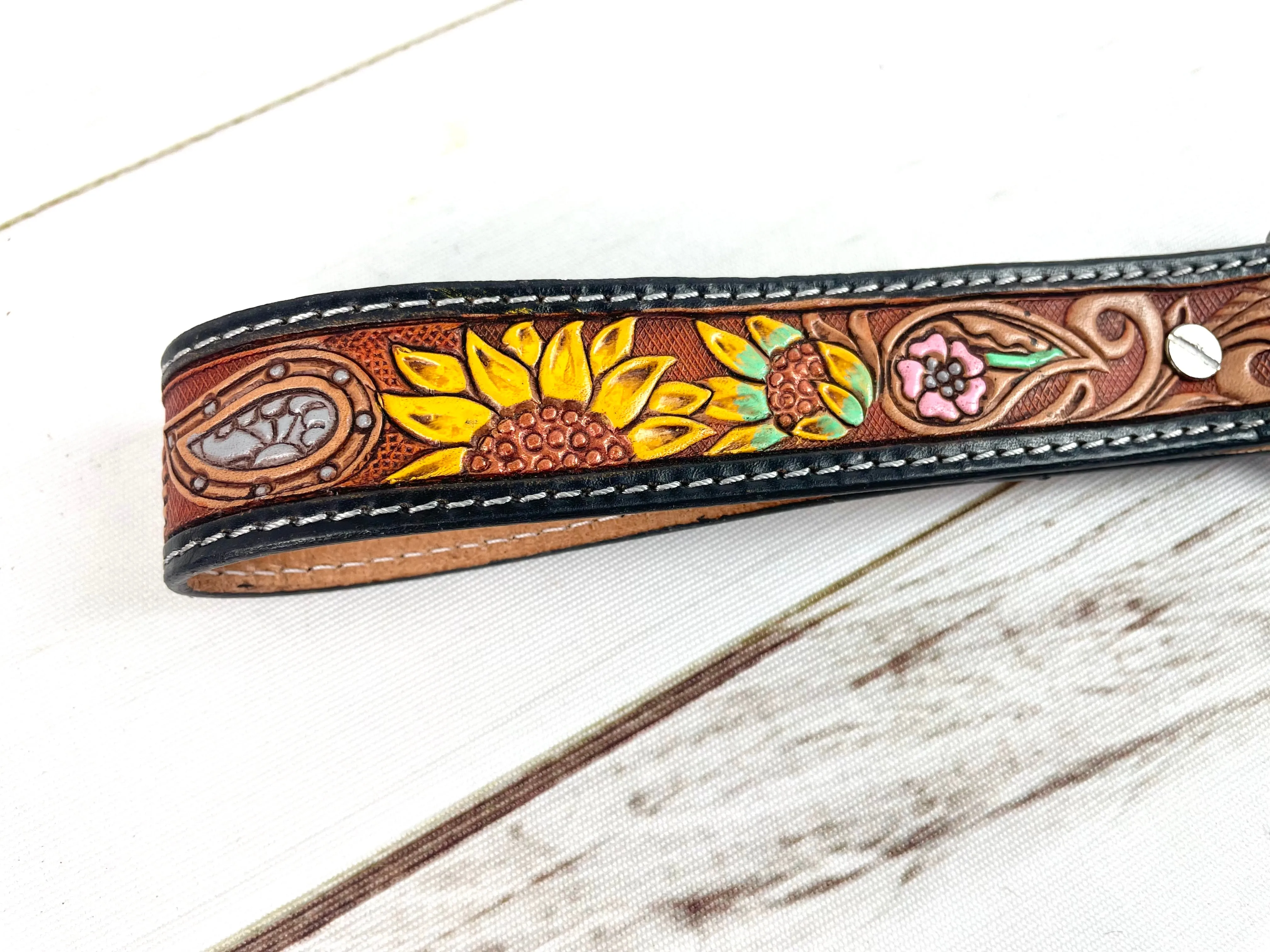 Colorful Floral Tooled Wristlet Leather Wristlet Keychain