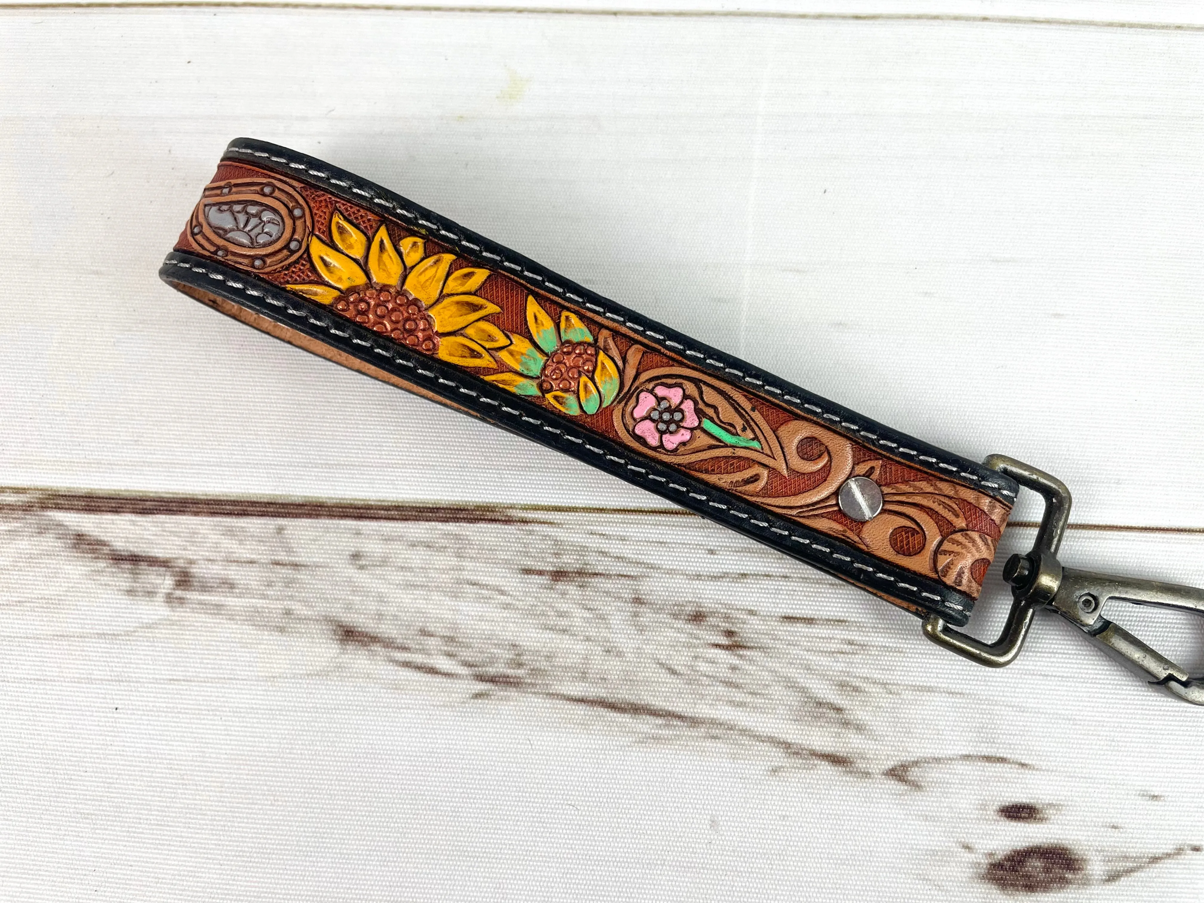 Colorful Floral Tooled Wristlet Leather Wristlet Keychain
