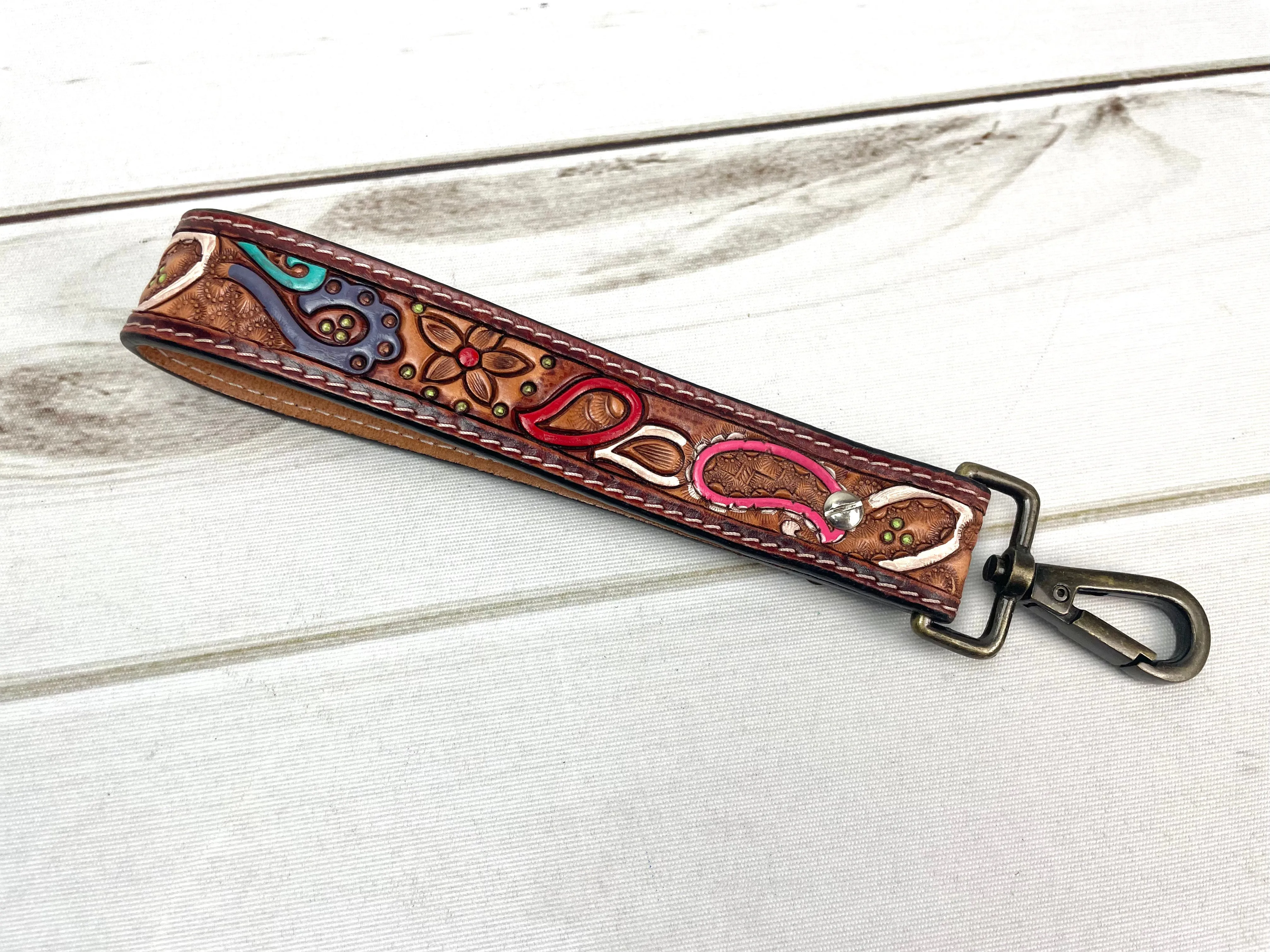 Colorful Paisley Tooled Wristlet Leather Keychain