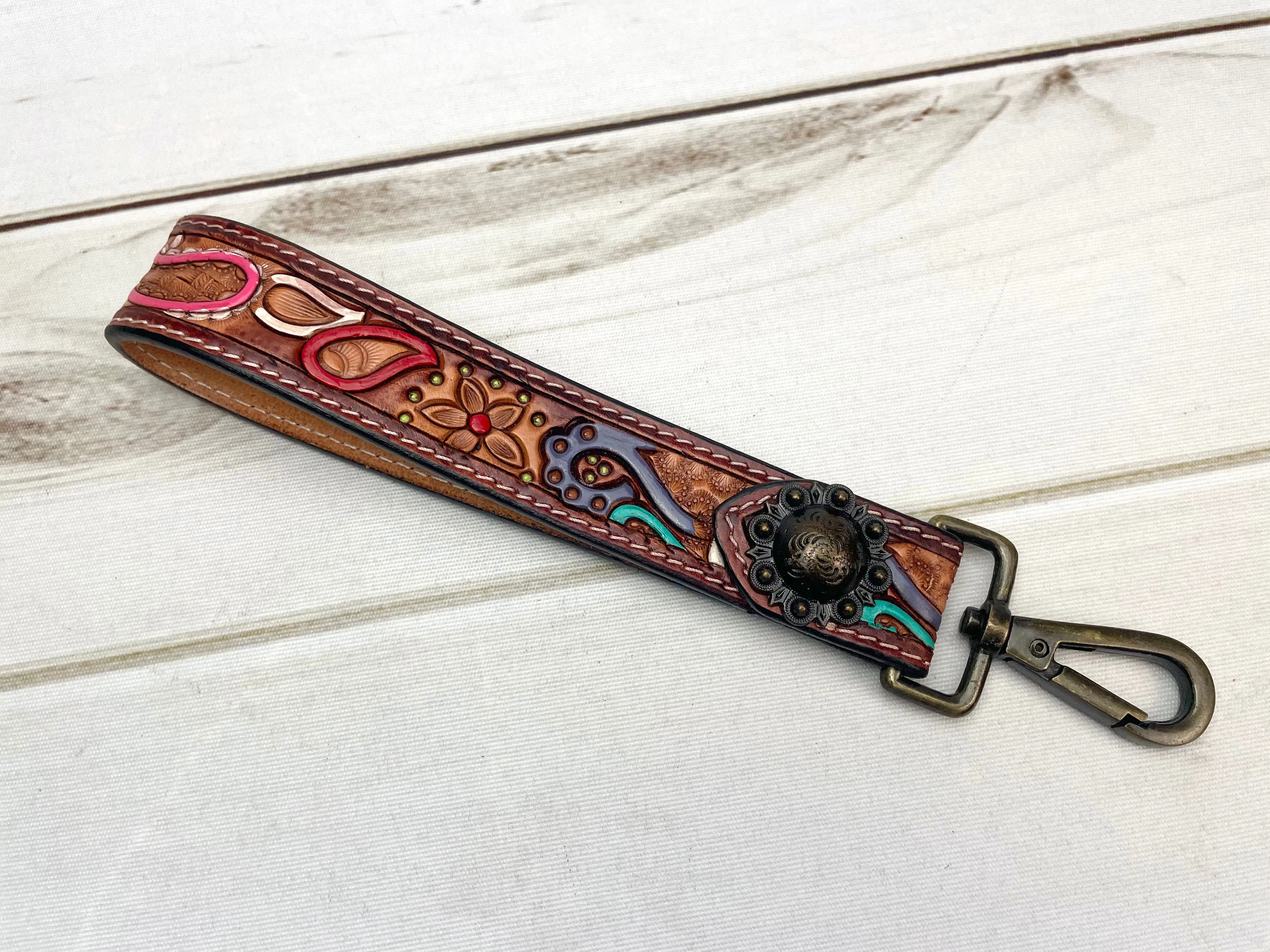 Colorful Paisley Tooled Wristlet Leather Keychain