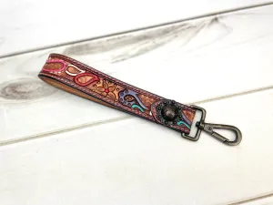 Colorful Paisley Tooled Wristlet Leather Keychain