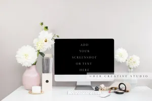 Computer, Dahlias & Makeup on Desk, Styled Stock