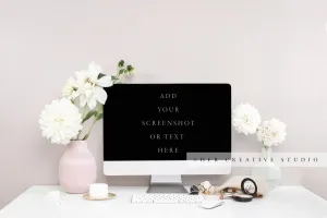Computer, White Dahlia & Makeup on Desk, Styled Stock