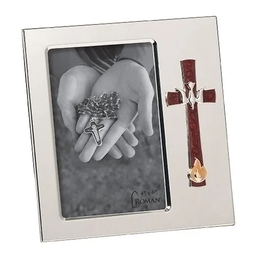 Confirmation Frame with Red Cross and Silver Holy Spirit Dove 7" for 4x6 picture