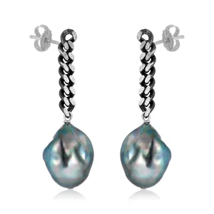Curb Chain Post Pearl Drop Earrings