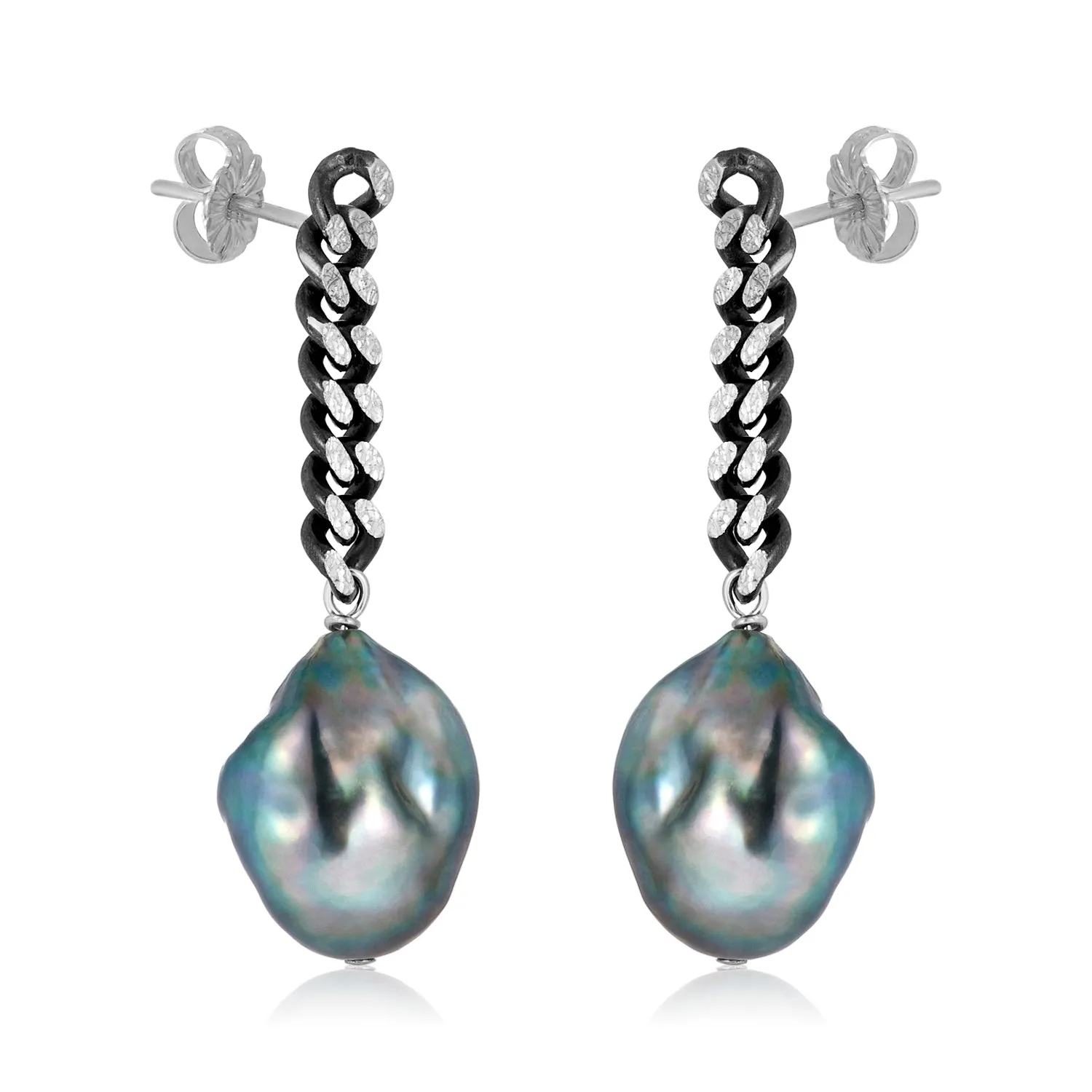 Curb Chain Post Pearl Drop Earrings