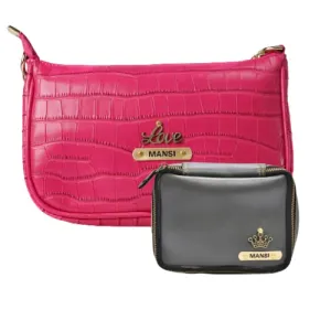 Customized Women's Croc Sling Bag   Mini Make up kit - Pink Grey