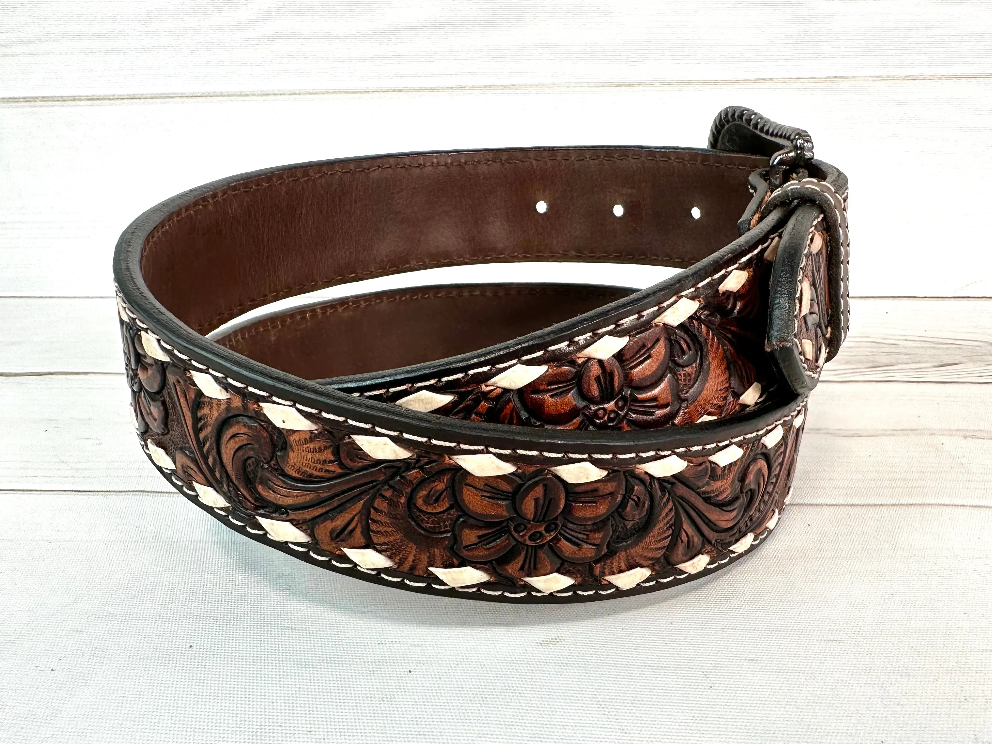 Dark Floral Tooled White Buckstitch Belt