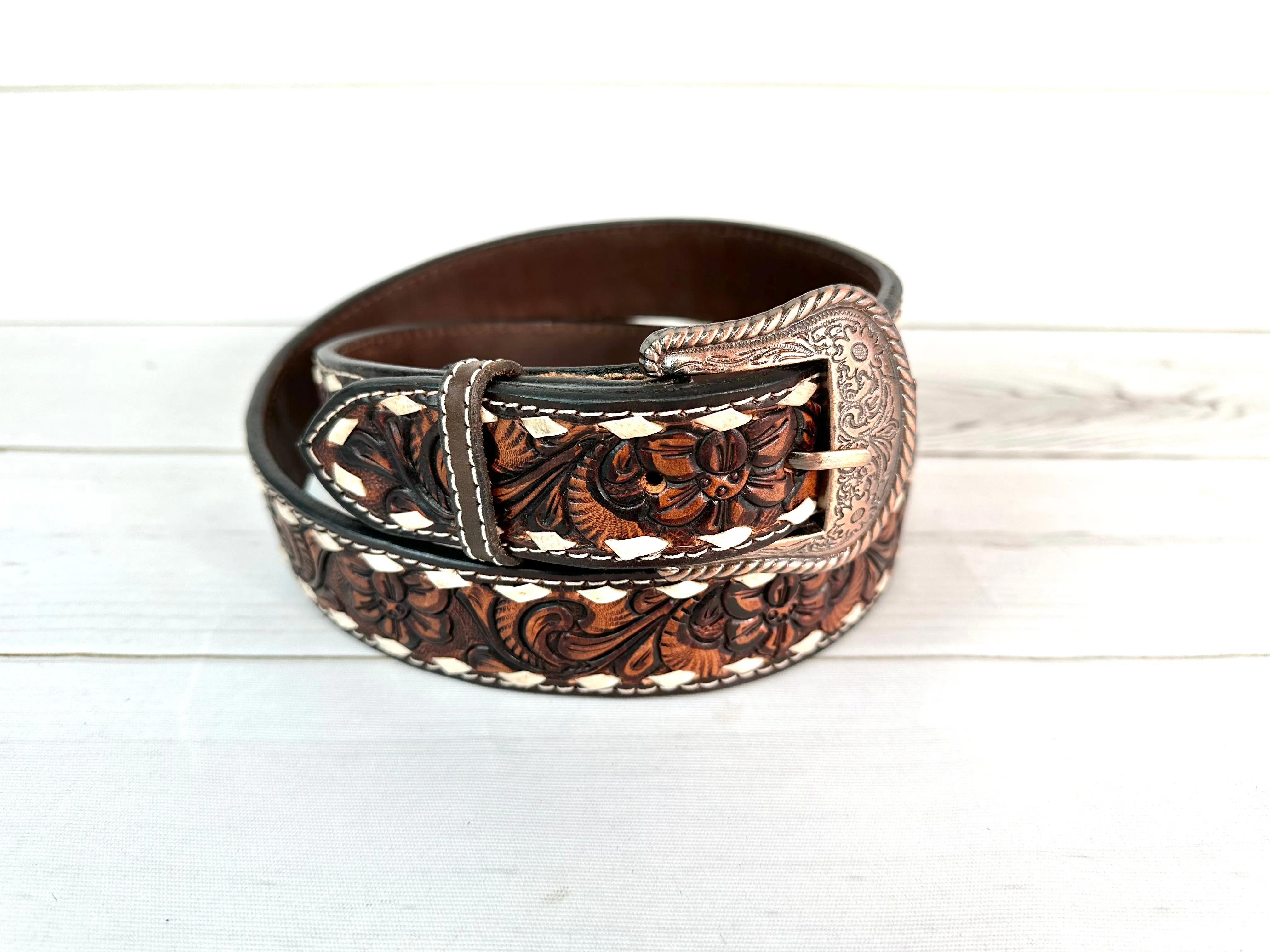 Dark Floral Tooled White Buckstitch Belt