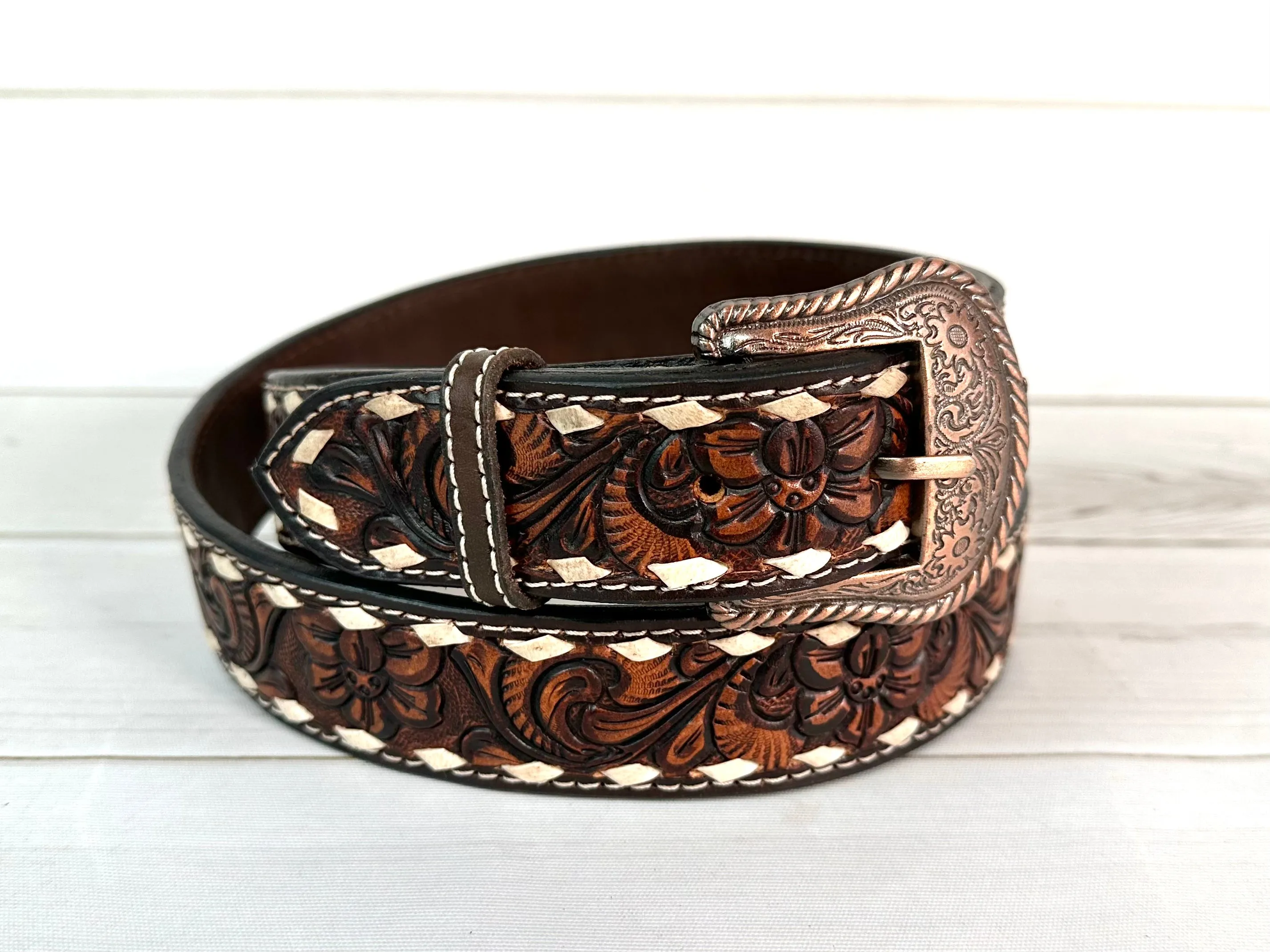 Dark Floral Tooled White Buckstitch Belt