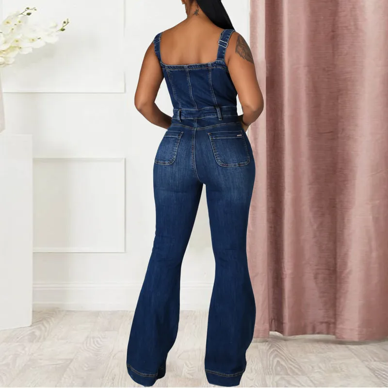 Denim Button Sleeveless Sling Flared Jumpsuit