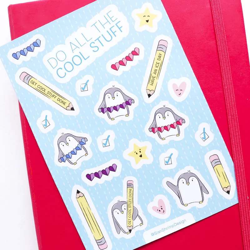 Do Cool Stuff Penguin Sticker Sheet by Sian Shrimpton