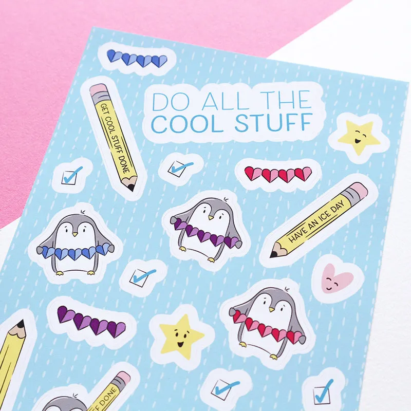 Do Cool Stuff Penguin Sticker Sheet by Sian Shrimpton