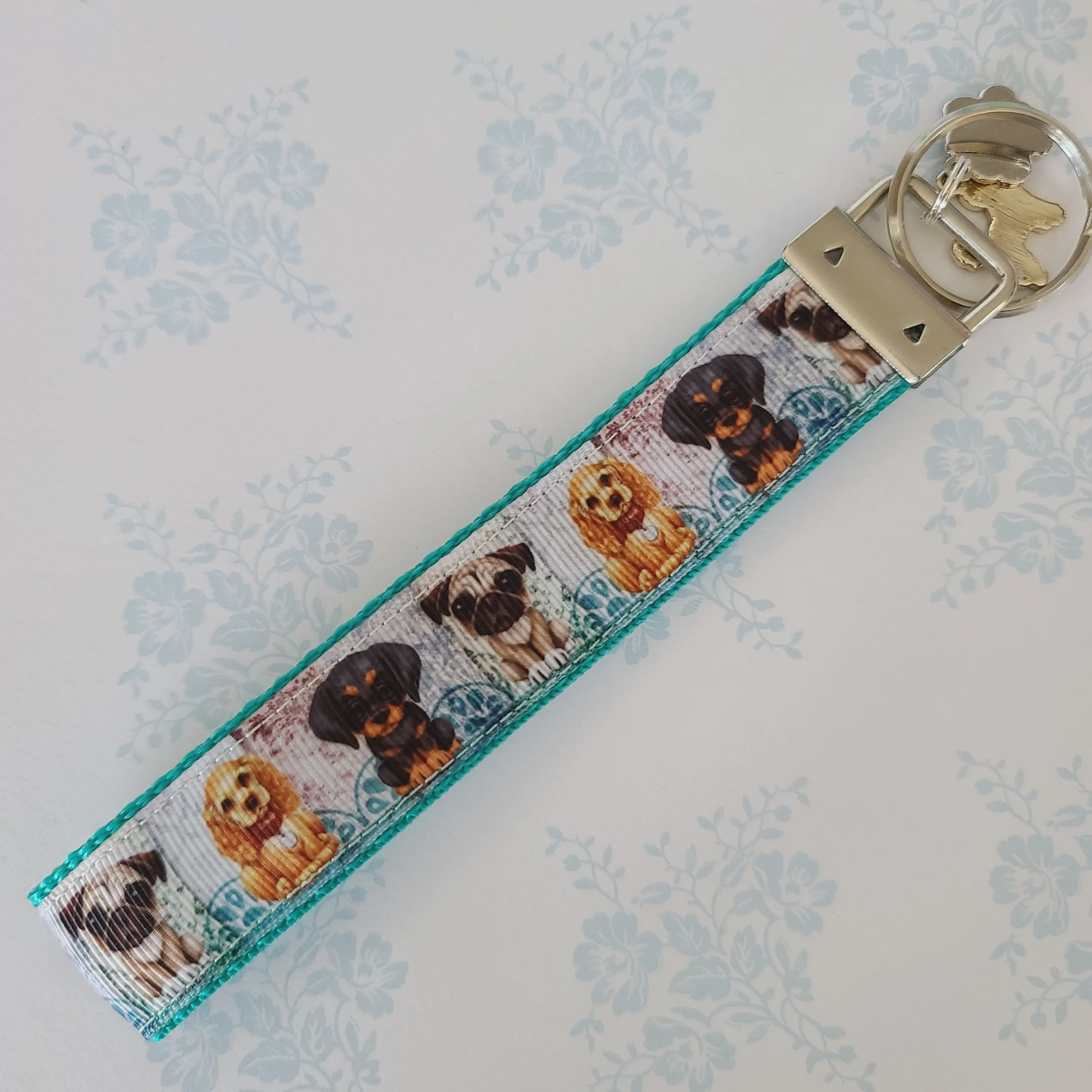 Dog Portraits Cocker Spaniel, Doberman, Pug Key Fob , Dog Key Chain with Enameled Paw Print Charm