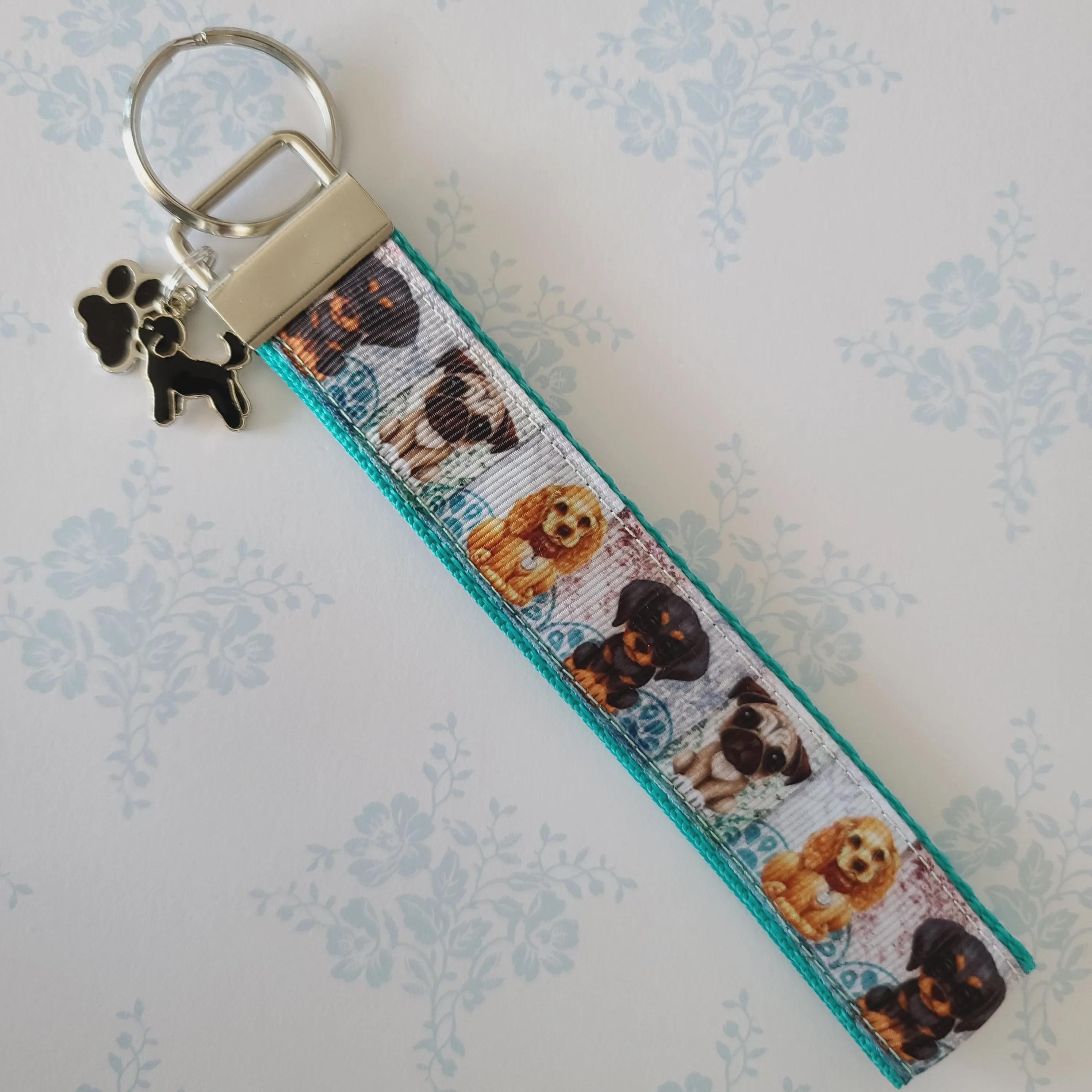 Dog Portraits Cocker Spaniel, Doberman, Pug Key Fob , Dog Key Chain with Enameled Paw Print Charm