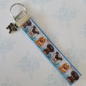 Dog Portraits Cocker Spaniel, Doberman, Pug Key Fob , Dog Key Chain with Enameled Paw Print Charm