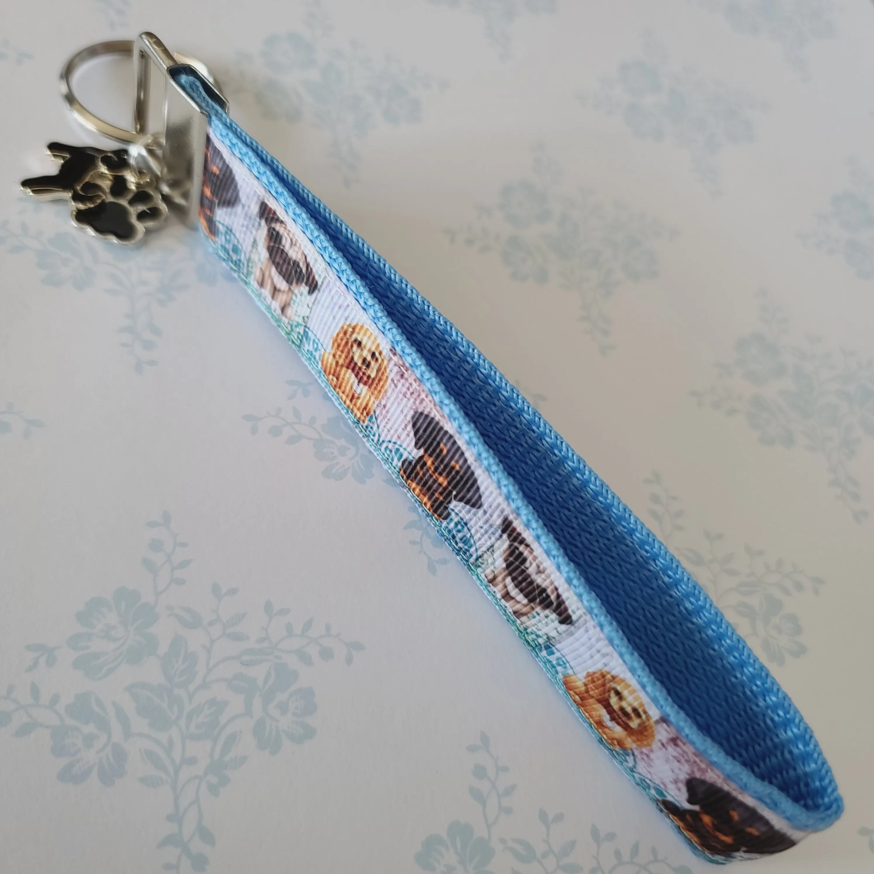 Dog Portraits Cocker Spaniel, Doberman, Pug Key Fob , Dog Key Chain with Enameled Paw Print Charm
