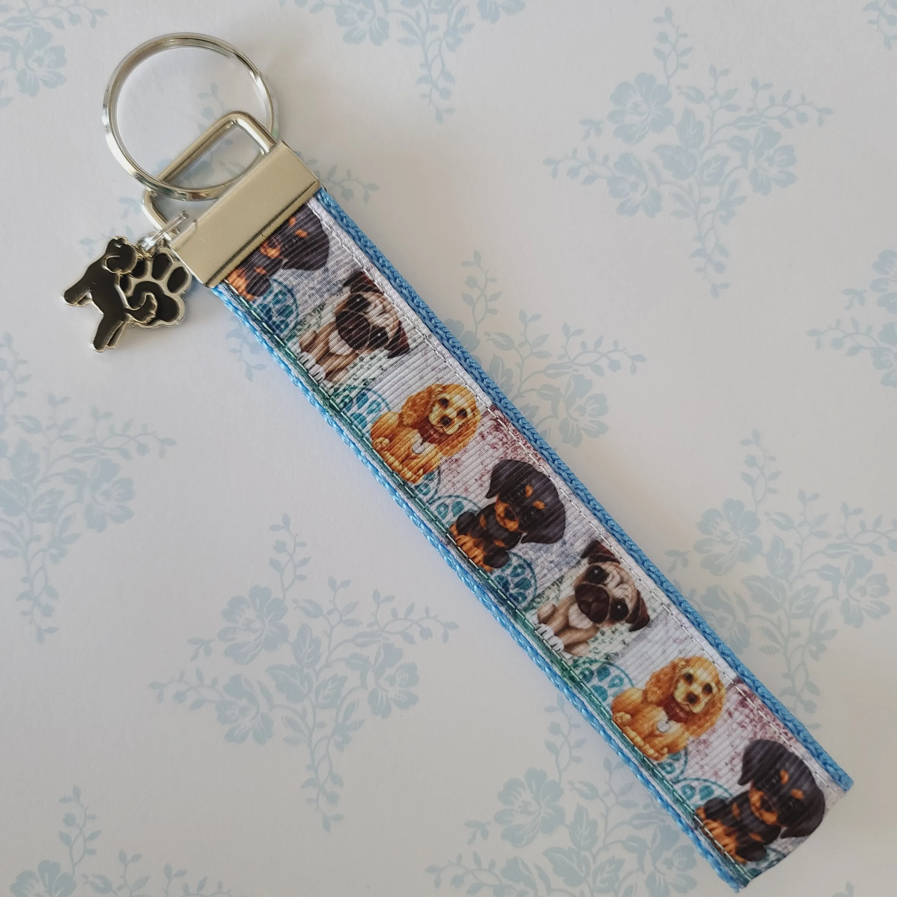 Dog Portraits Cocker Spaniel, Doberman, Pug Key Fob , Dog Key Chain with Enameled Paw Print Charm