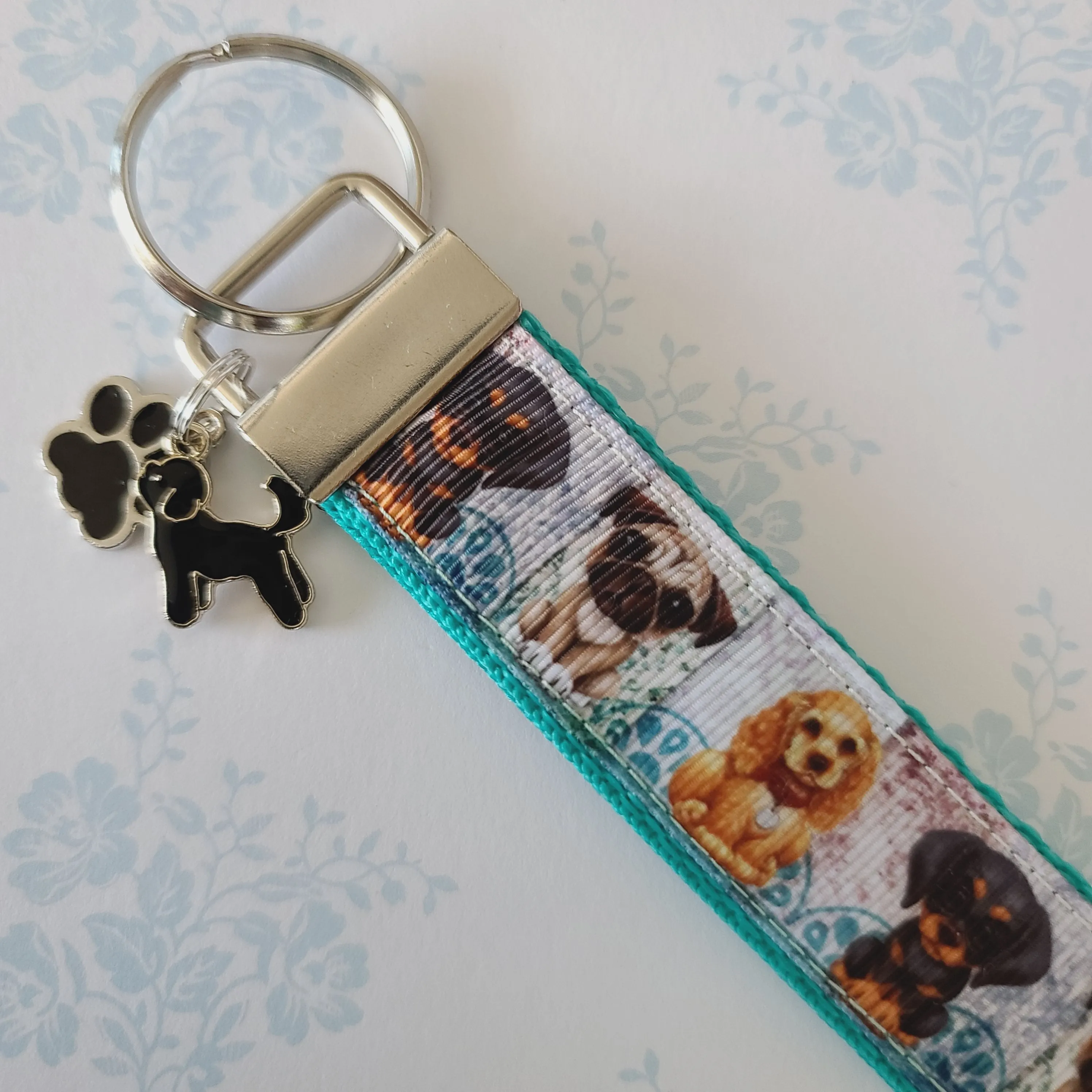 Dog Portraits Cocker Spaniel, Doberman, Pug Key Fob , Dog Key Chain with Enameled Paw Print Charm