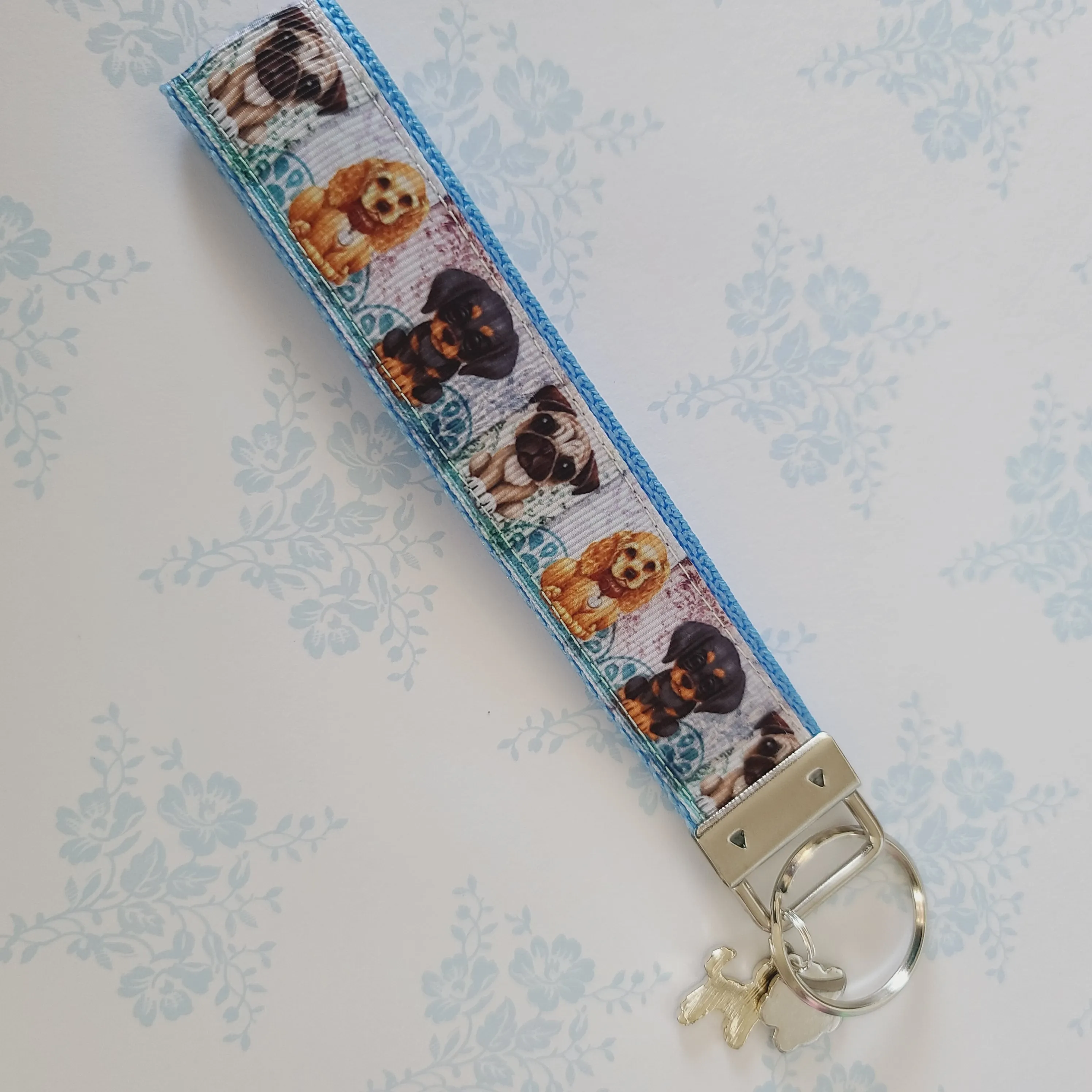 Dog Portraits Cocker Spaniel, Doberman, Pug Key Fob , Dog Key Chain with Enameled Paw Print Charm