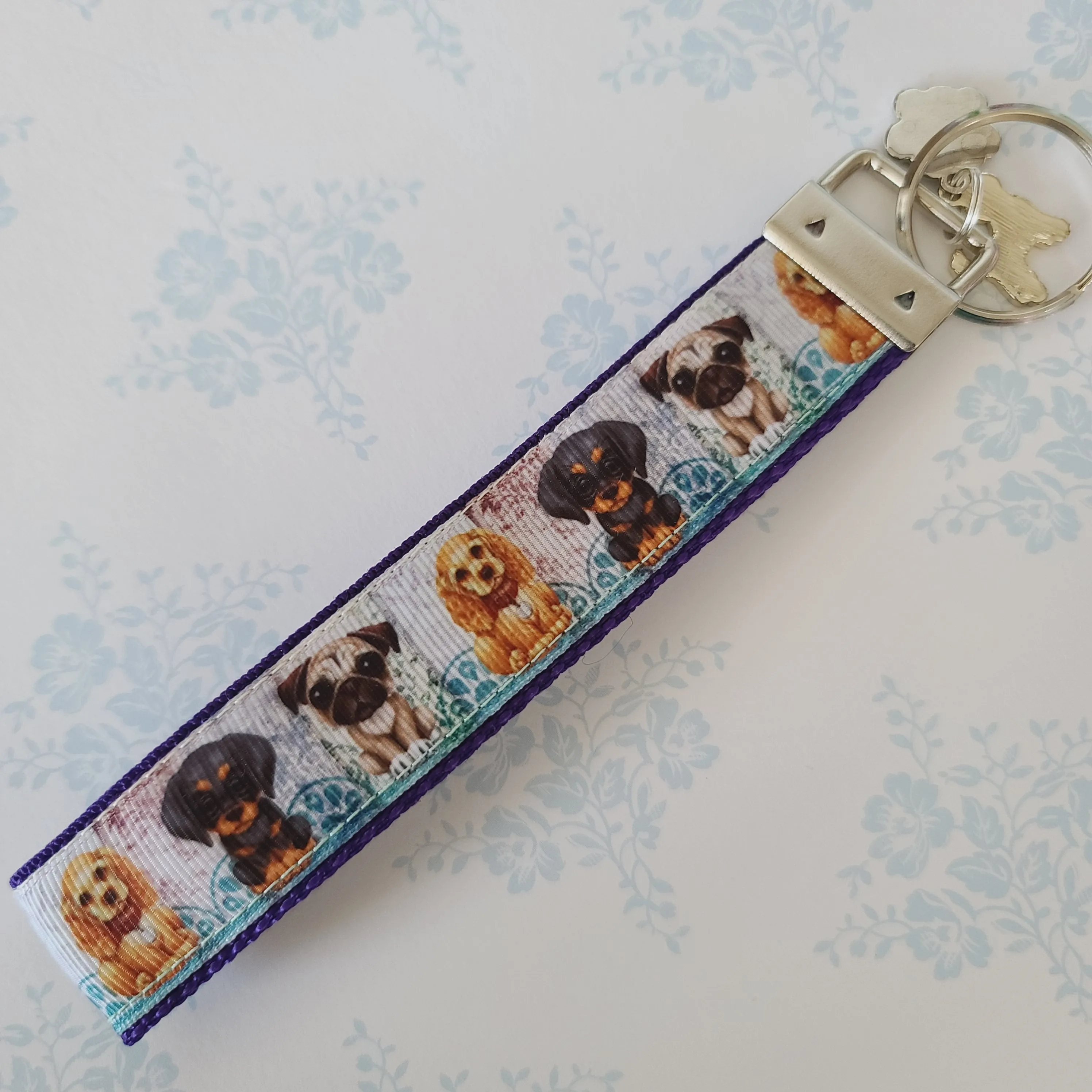 Dog Portraits Cocker Spaniel, Doberman, Pug Key Fob , Dog Key Chain with Enameled Paw Print Charm
