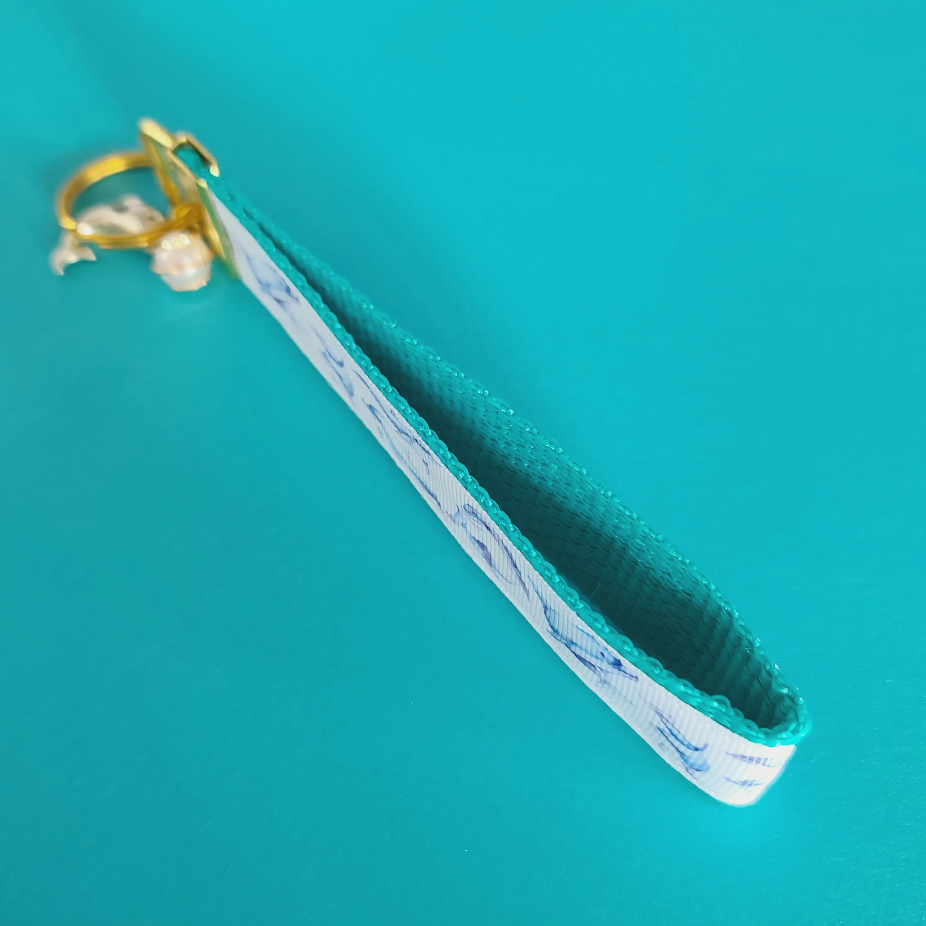 Dolphins in Watercolor on Yellow Gold Key Chain Fob with Gold Dolphin Charm