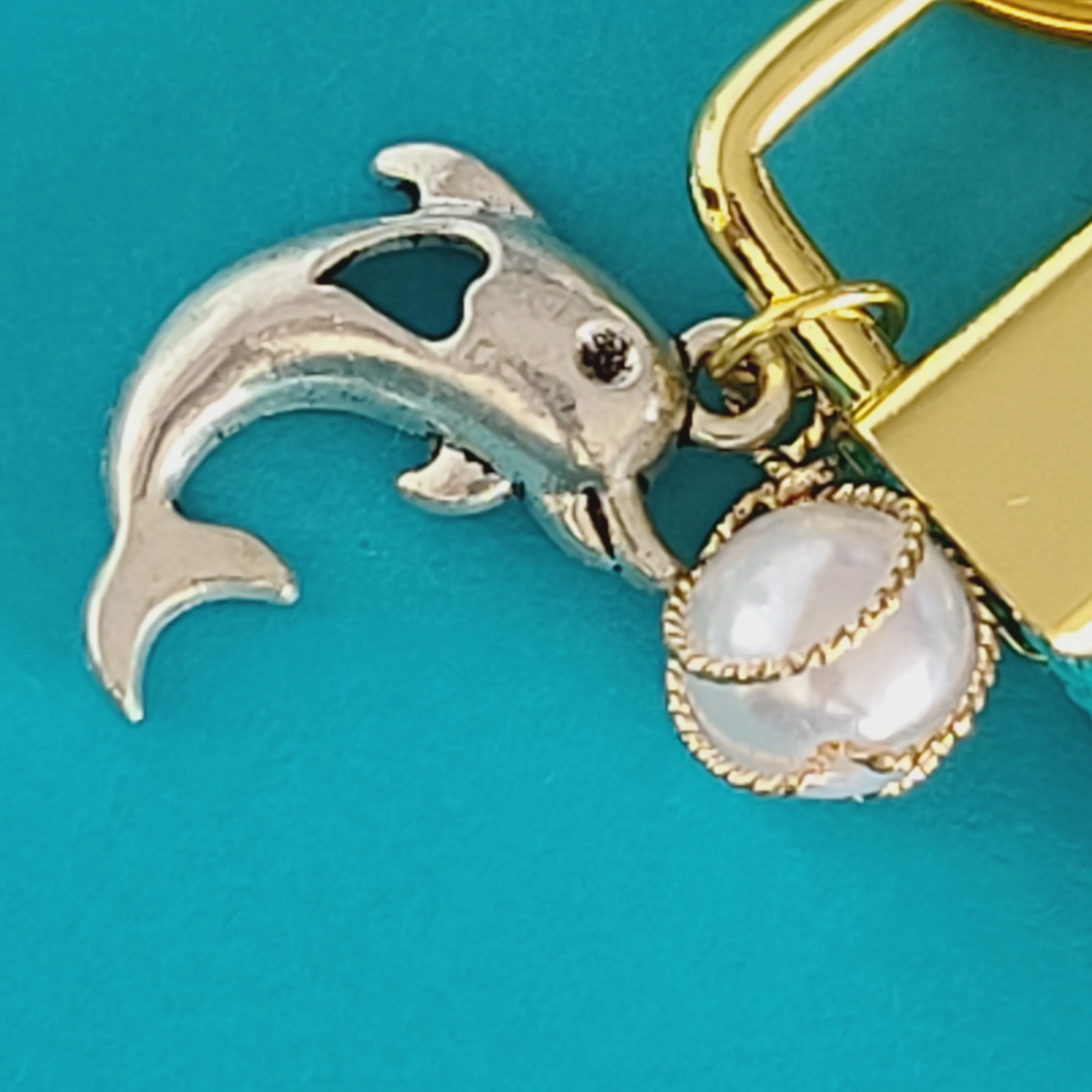 Dolphins in Watercolor on Yellow Gold Key Chain Fob with Gold Dolphin Charm