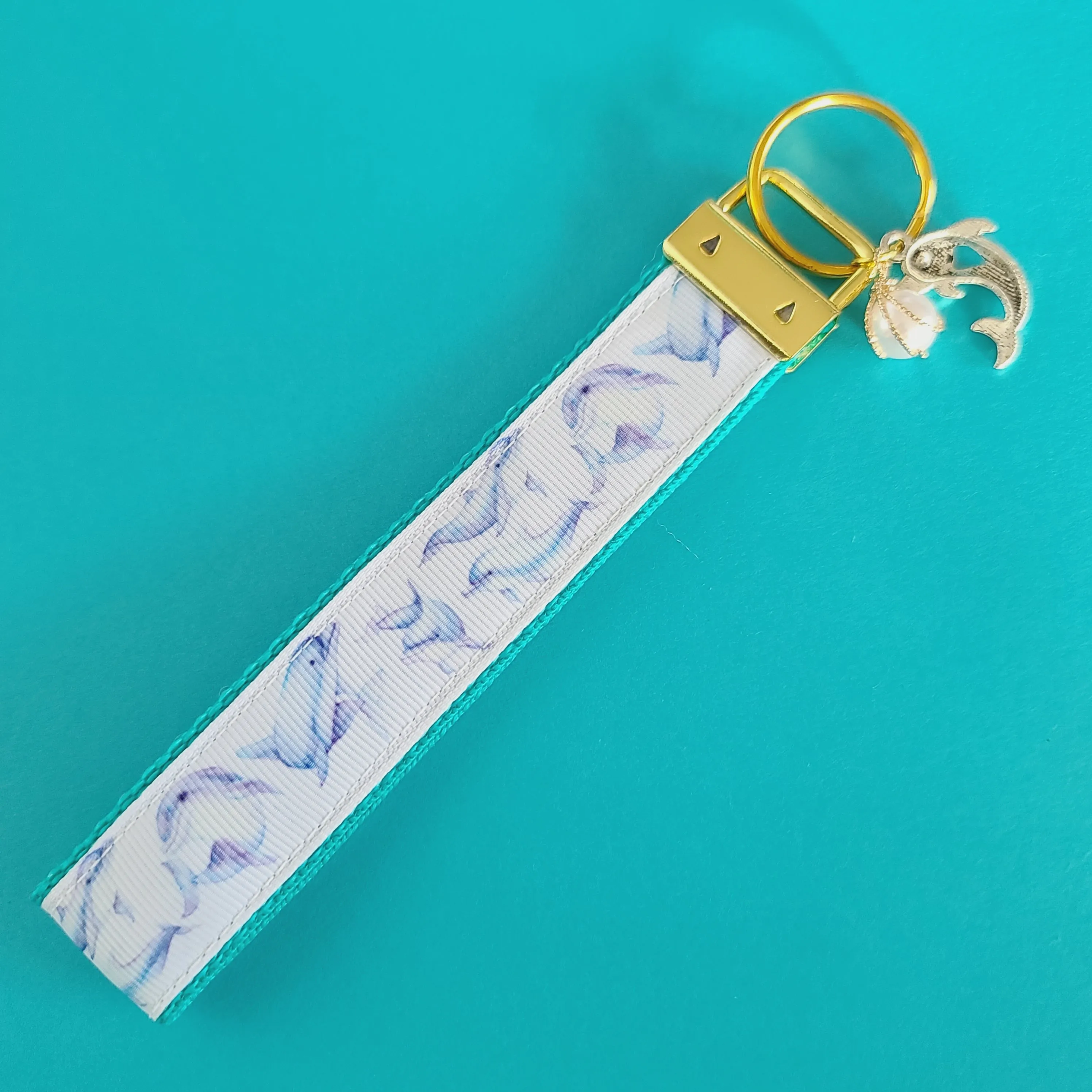 Dolphins in Watercolor on Yellow Gold Key Chain Fob with Gold Dolphin Charm