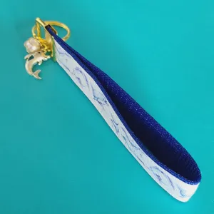Dolphins in Watercolor on Yellow Gold Key Chain Fob with Gold Dolphin Charm