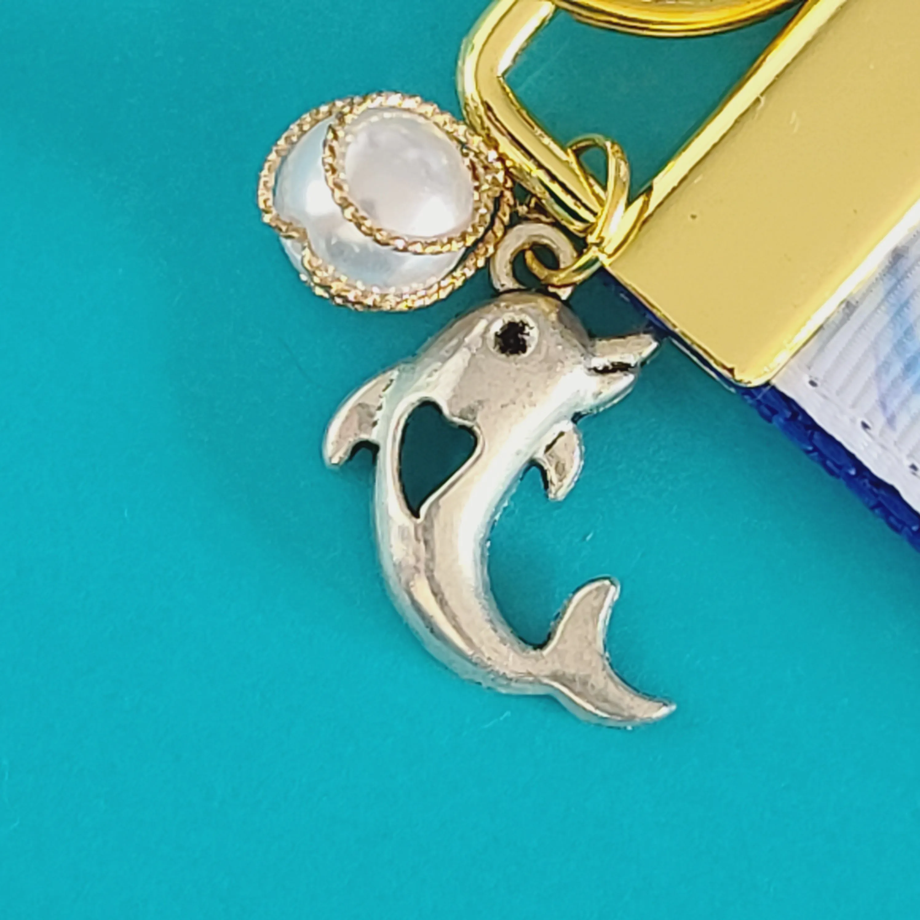 Dolphins in Watercolor on Yellow Gold Key Chain Fob with Gold Dolphin Charm