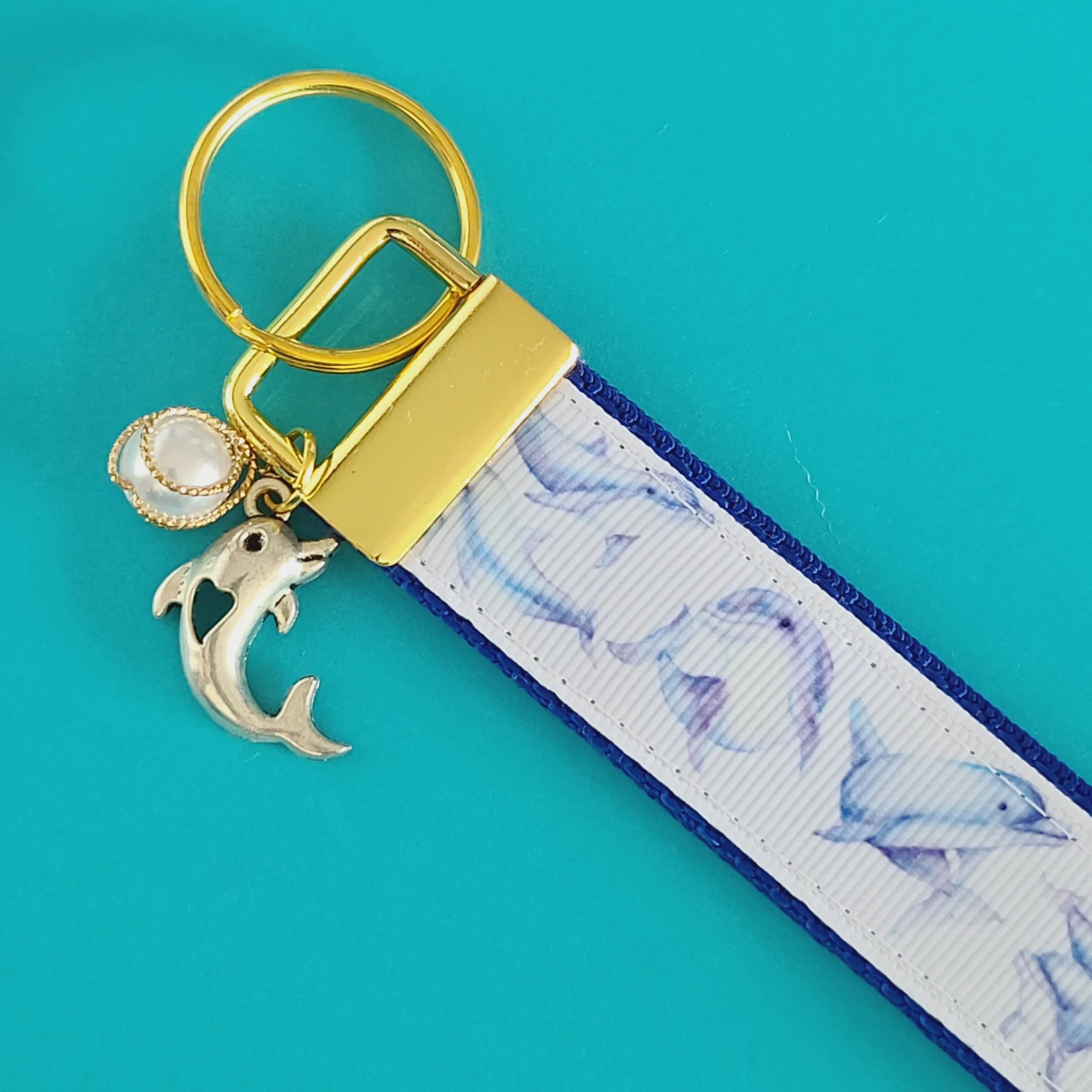 Dolphins in Watercolor on Yellow Gold Key Chain Fob with Gold Dolphin Charm
