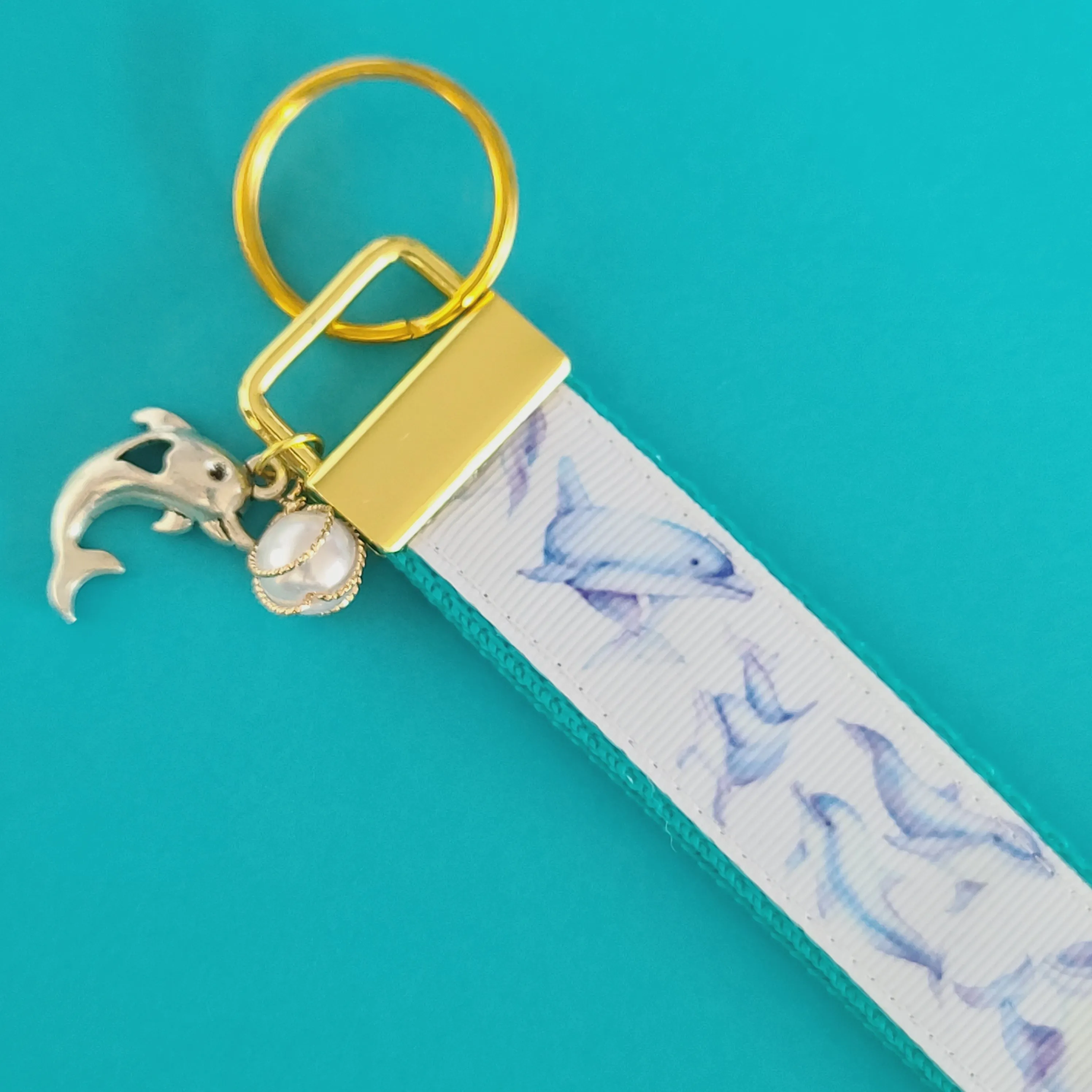 Dolphins in Watercolor on Yellow Gold Key Chain Fob with Gold Dolphin Charm
